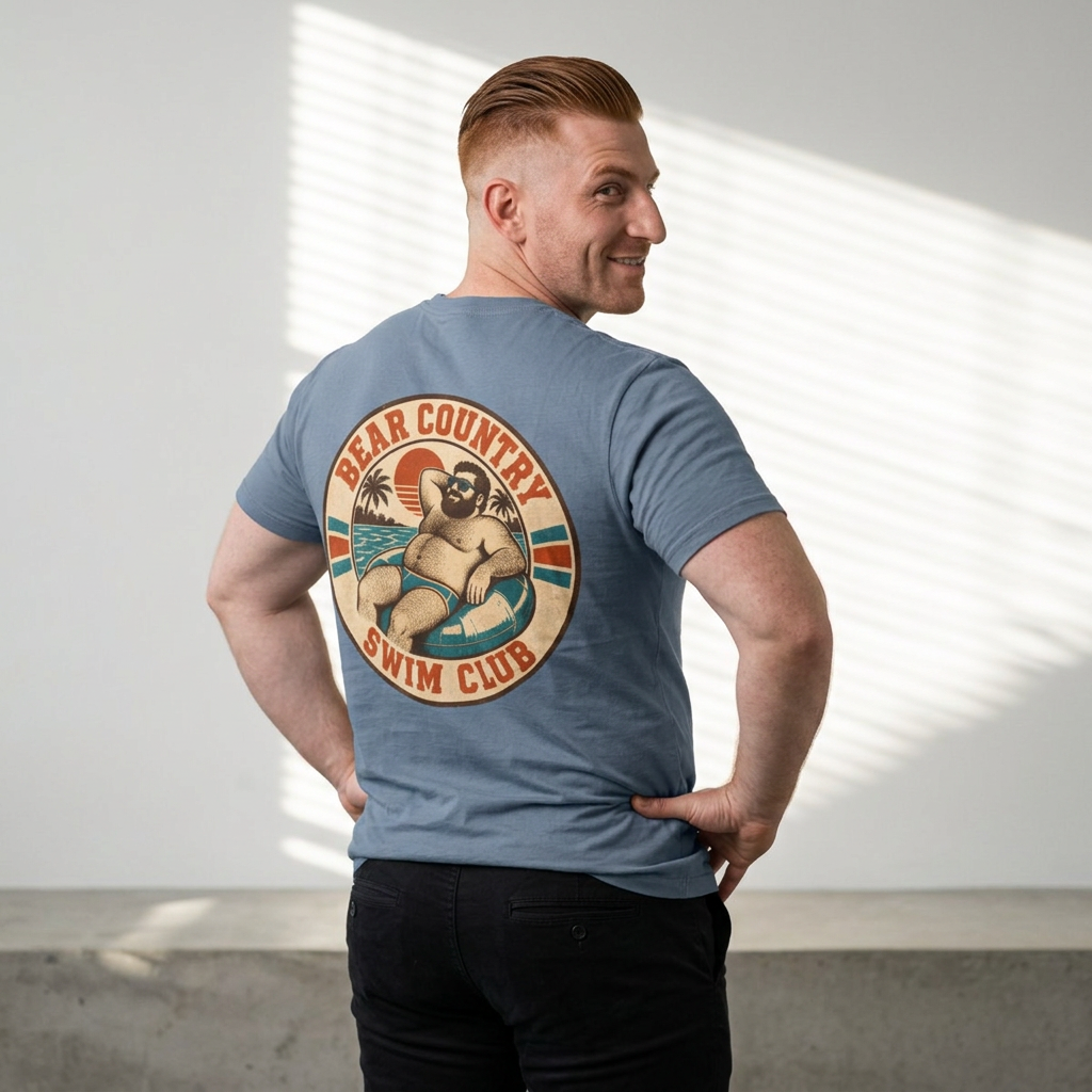 Bear Country Swim Club T-shirt modeled from the back, with centered artwork