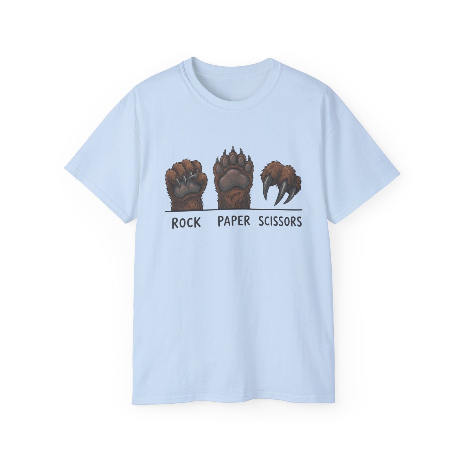 Light Blue Rock Paper Scissors Bear T-shirt, front view with rock paper scissors bear paw artwork