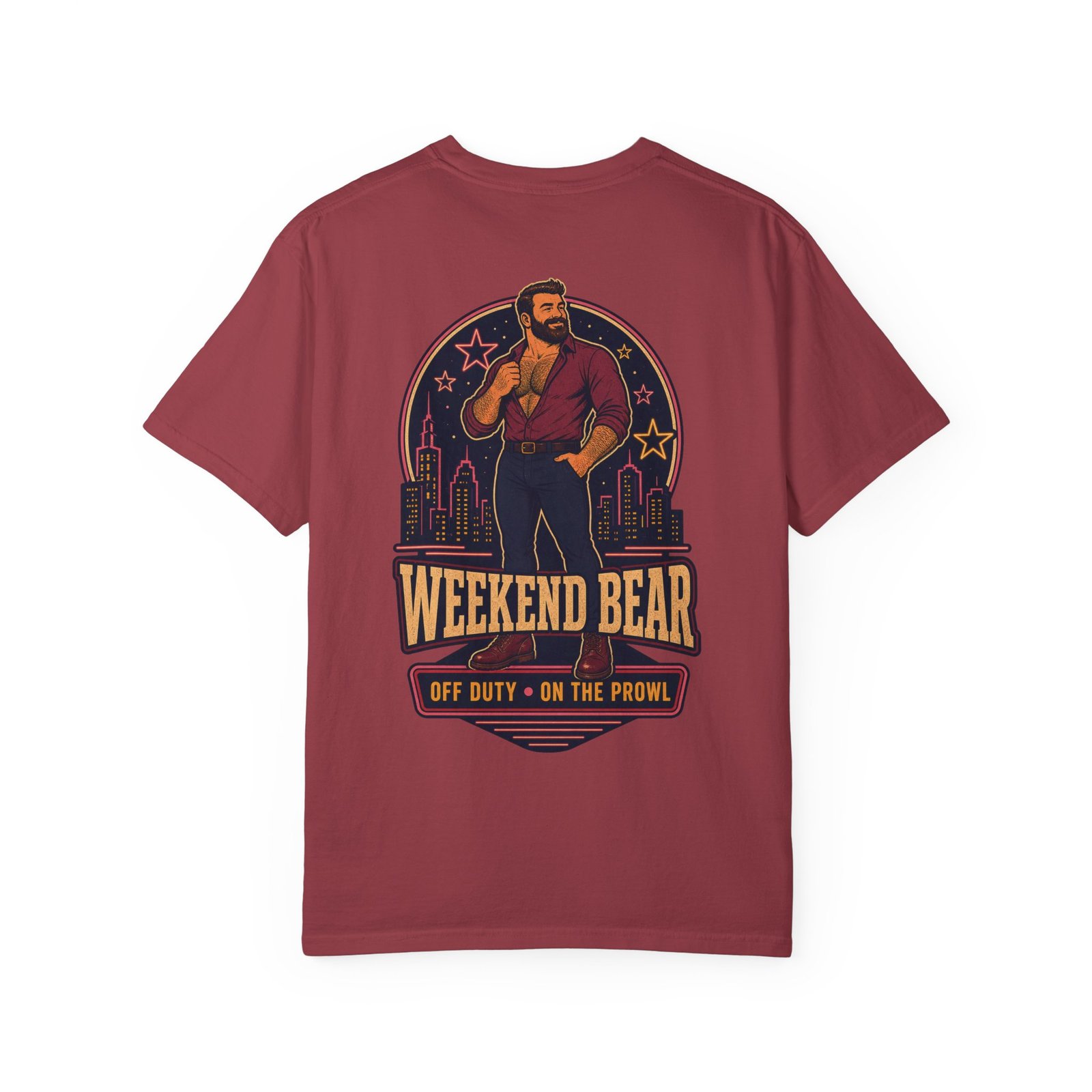 Chili Weekend Bear T-shirt, back view with Weekend Bear nightlife artwork