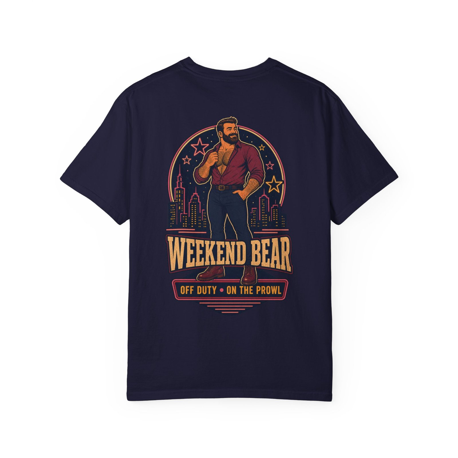 True Navy Weekend Bear T-shirt, back view with Weekend Bear nightlife artwork
