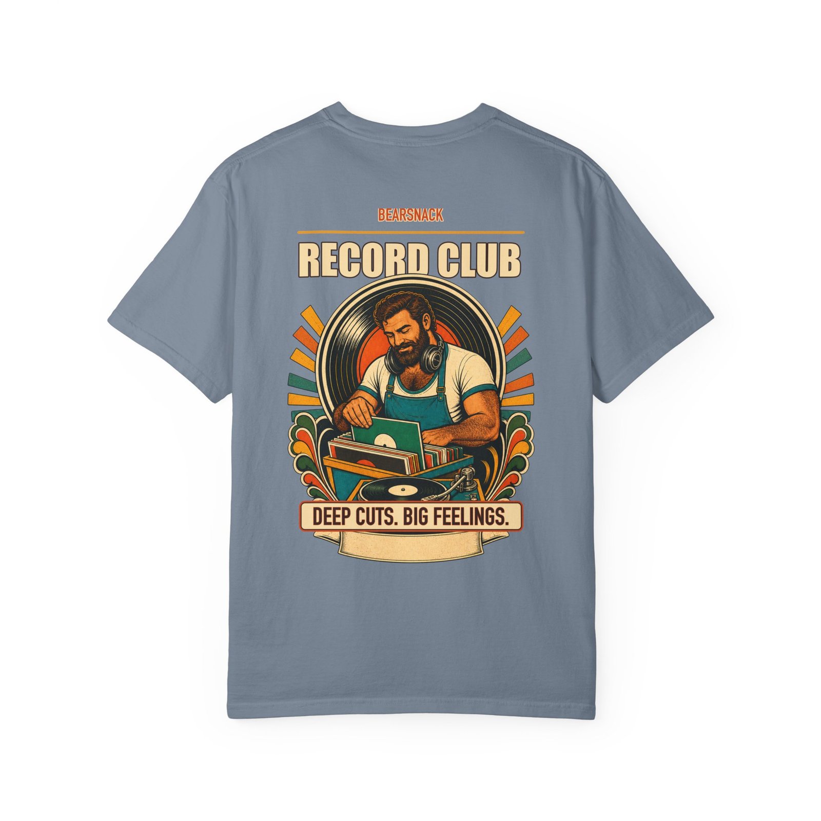 Blue Jean Deep Cuts Big Feelings T-shirt, back view with record-store bear, turntable, and vinyl artwork