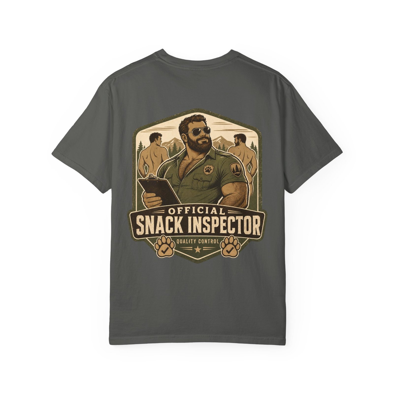 Pepper Official Snack Inspector T-shirt, back view with bear ranger Snack Inspector artwork