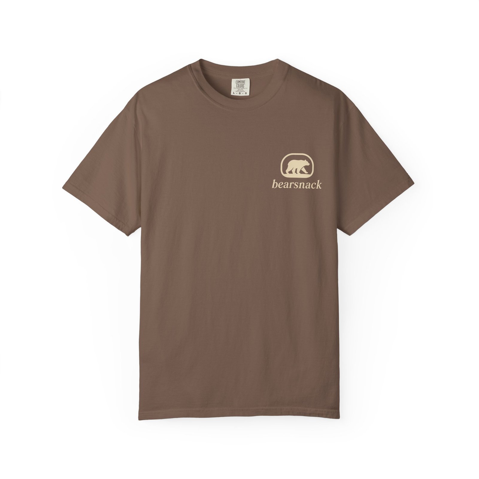 Espresso Beard Maintenance Dept T-shirt, front view with Bearsnack Trail Badge