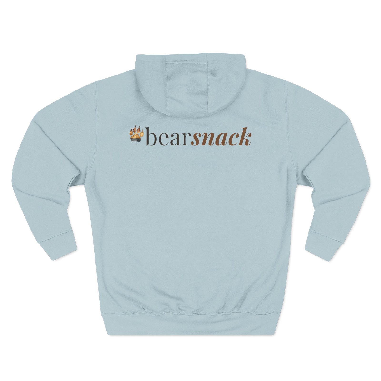 Watercolor Bear Paw hoodie two-sided detail with watercolor bear paw chest print and Bearsnack upper-back wordmark