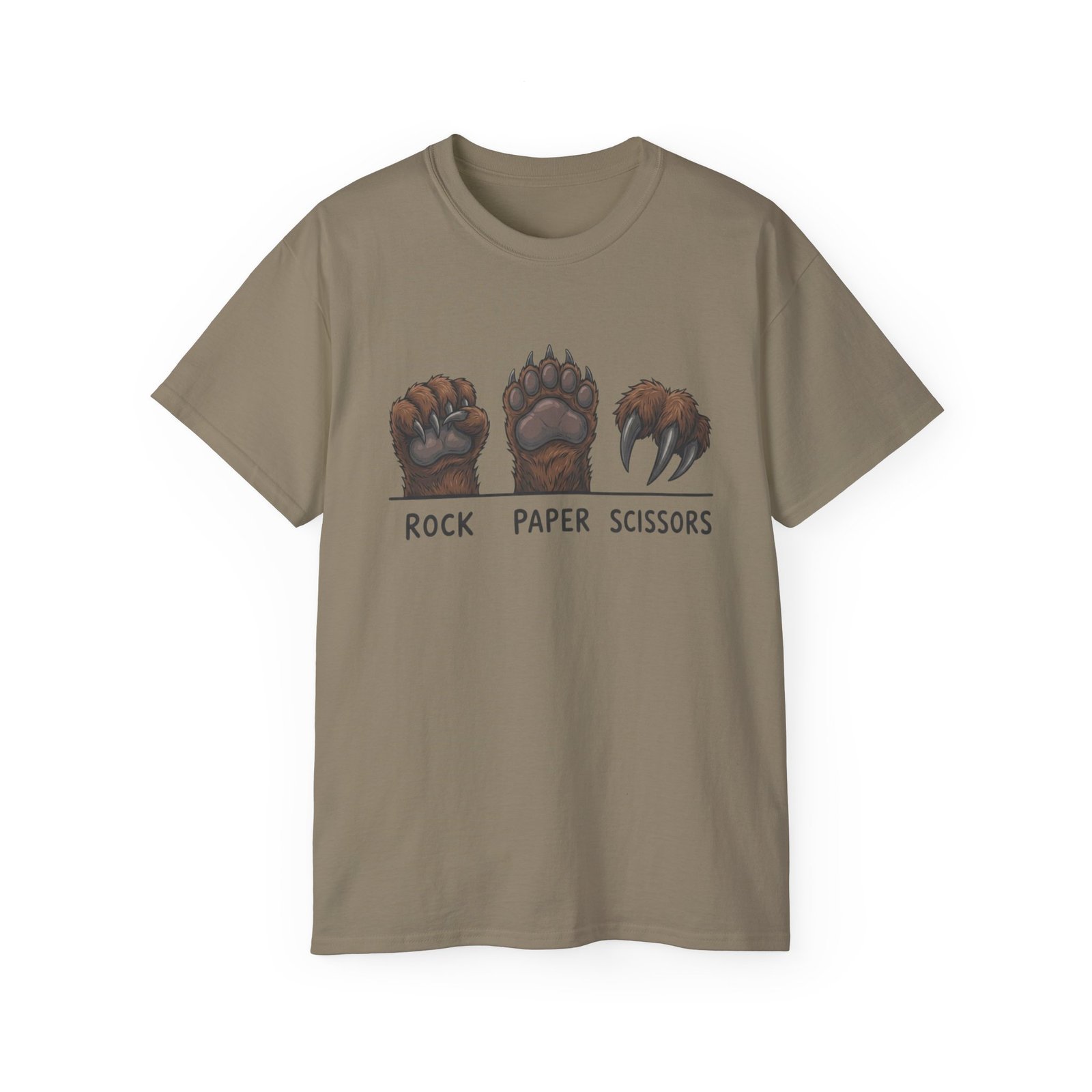 Prairie Dust Rock Paper Scissors Bear T-shirt, front view with rock paper scissors bear paw artwork