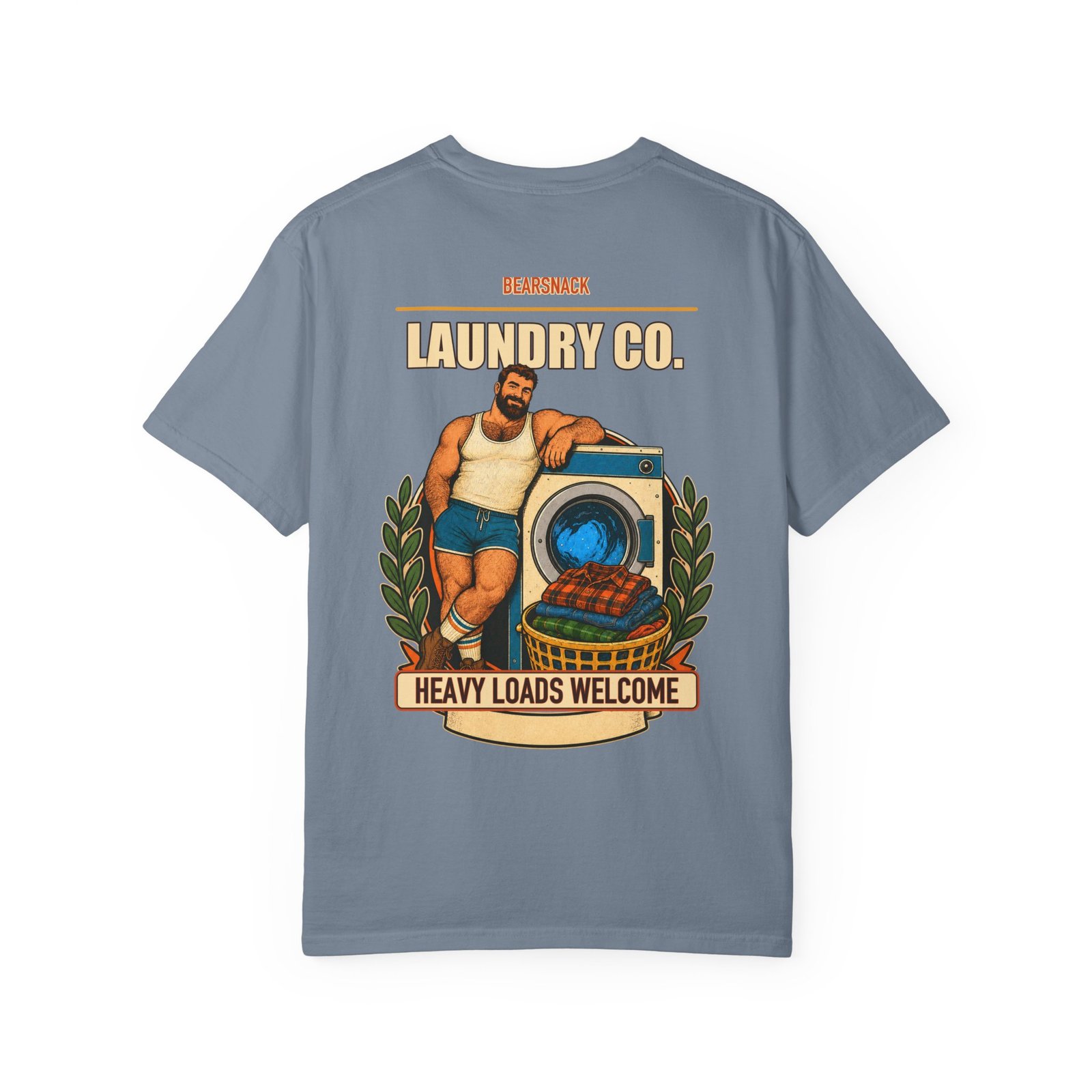 Blue Jean Heavy Loads Welcome T-shirt, back view with laundry bear with vintage washer artwork