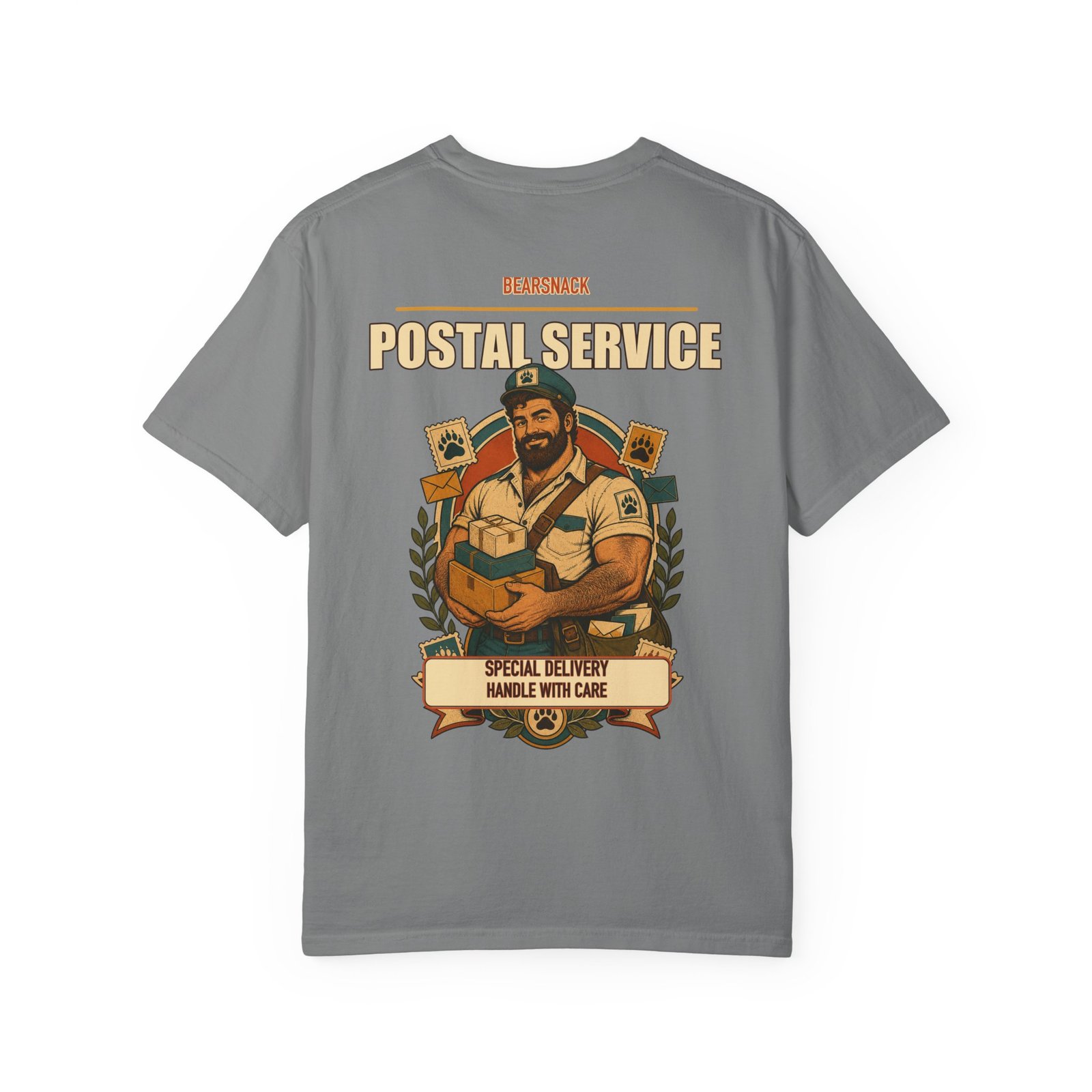 Grey Special Delivery T-shirt, back view with postal bear with parcels and satchel artwork