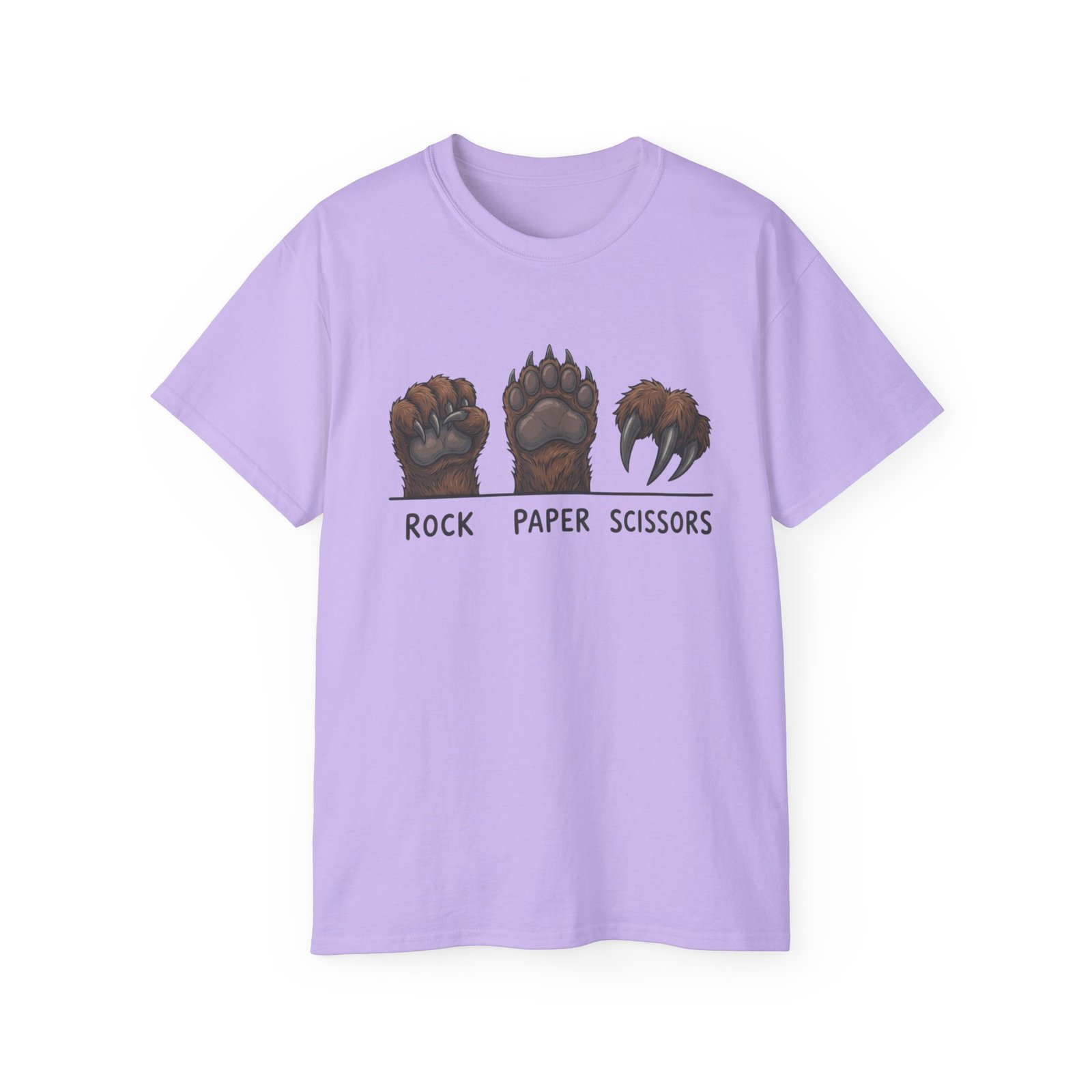 Orchid Rock Paper Scissors Bear T-shirt, front view with rock paper scissors bear paw artwork