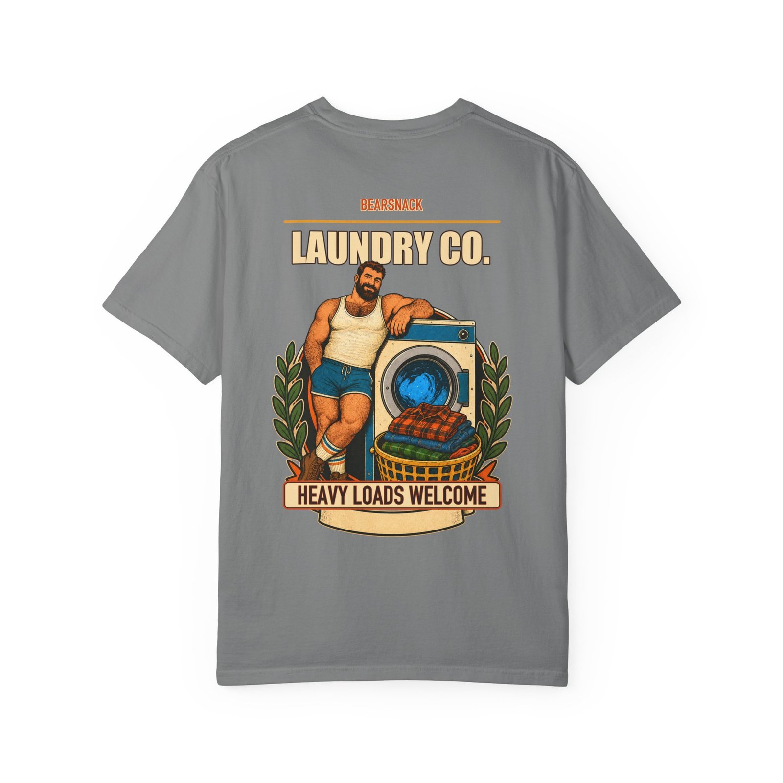Grey Heavy Loads Welcome T-shirt, back view with laundry bear with vintage washer artwork