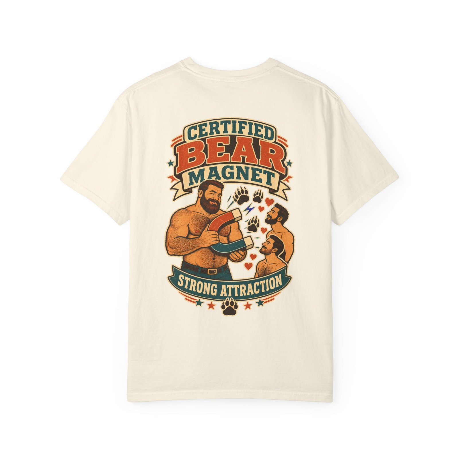 Ivory Certified Bear Magnet T-shirt, back view with three Certified Bear Magnet bears artwork