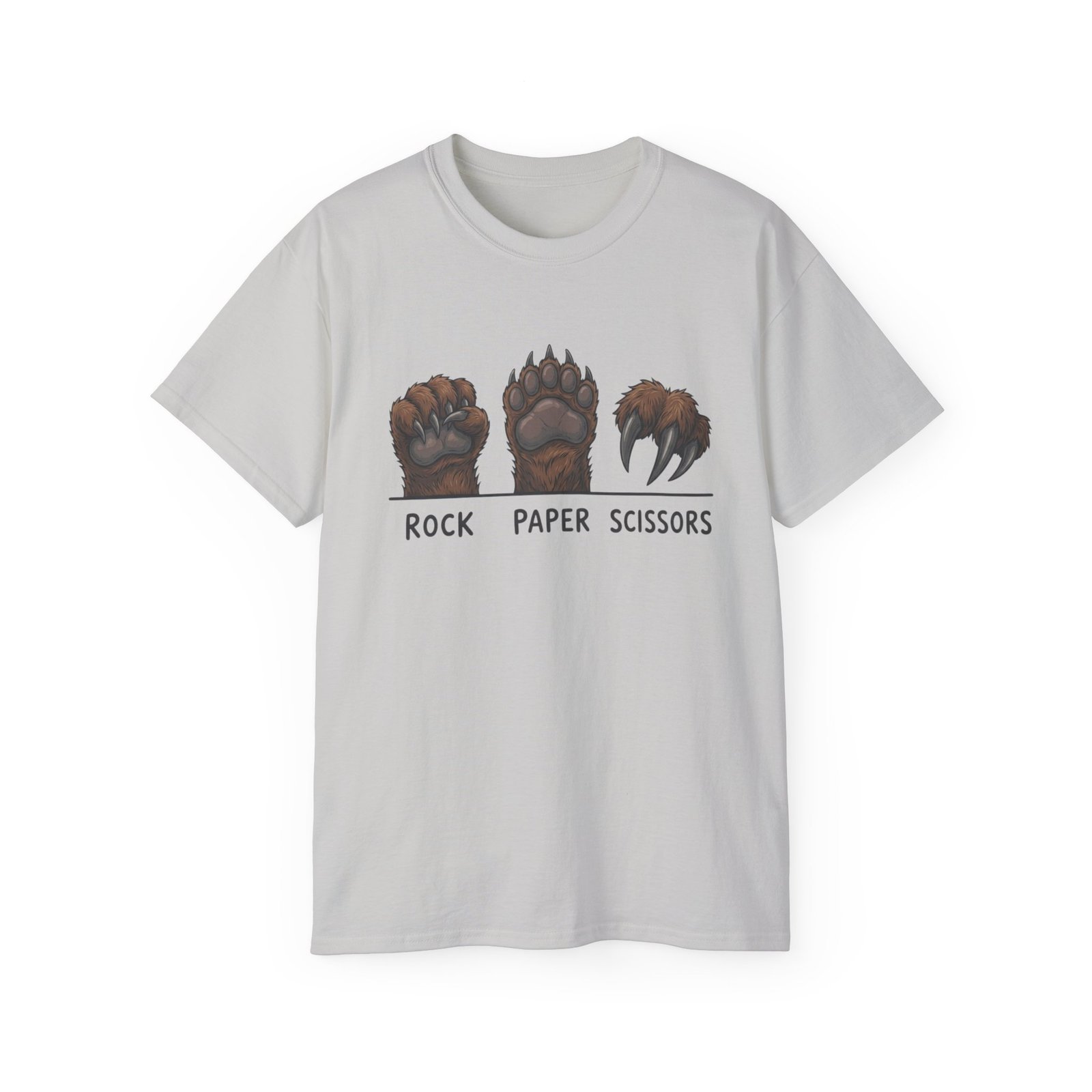 Ice Grey Rock Paper Scissors Bear T-shirt, front view with rock paper scissors bear paw artwork
