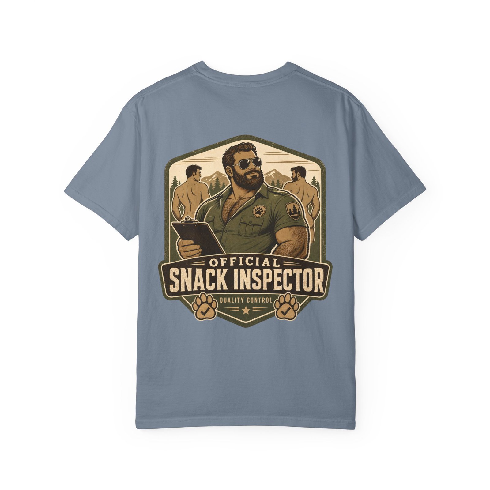 Blue Jean Official Snack Inspector T-shirt, back view with bear ranger Snack Inspector artwork