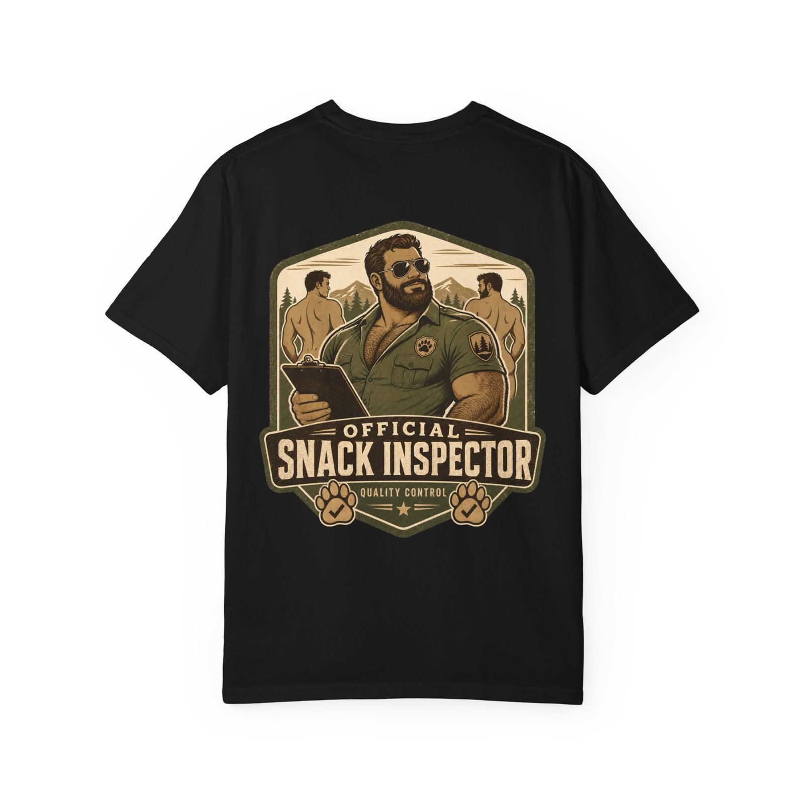 Black Official Snack Inspector T-shirt, back view with bear ranger Snack Inspector artwork
