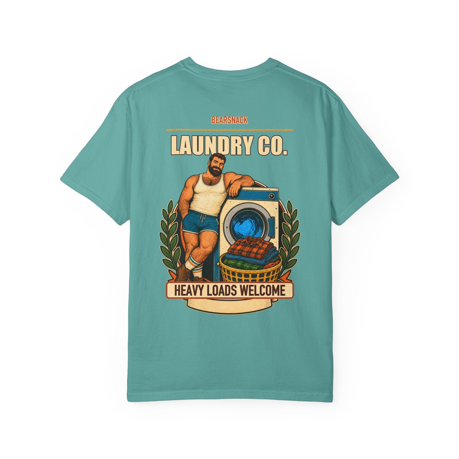 Seafoam Heavy Loads Welcome T-shirt, back view with laundry bear with vintage washer artwork