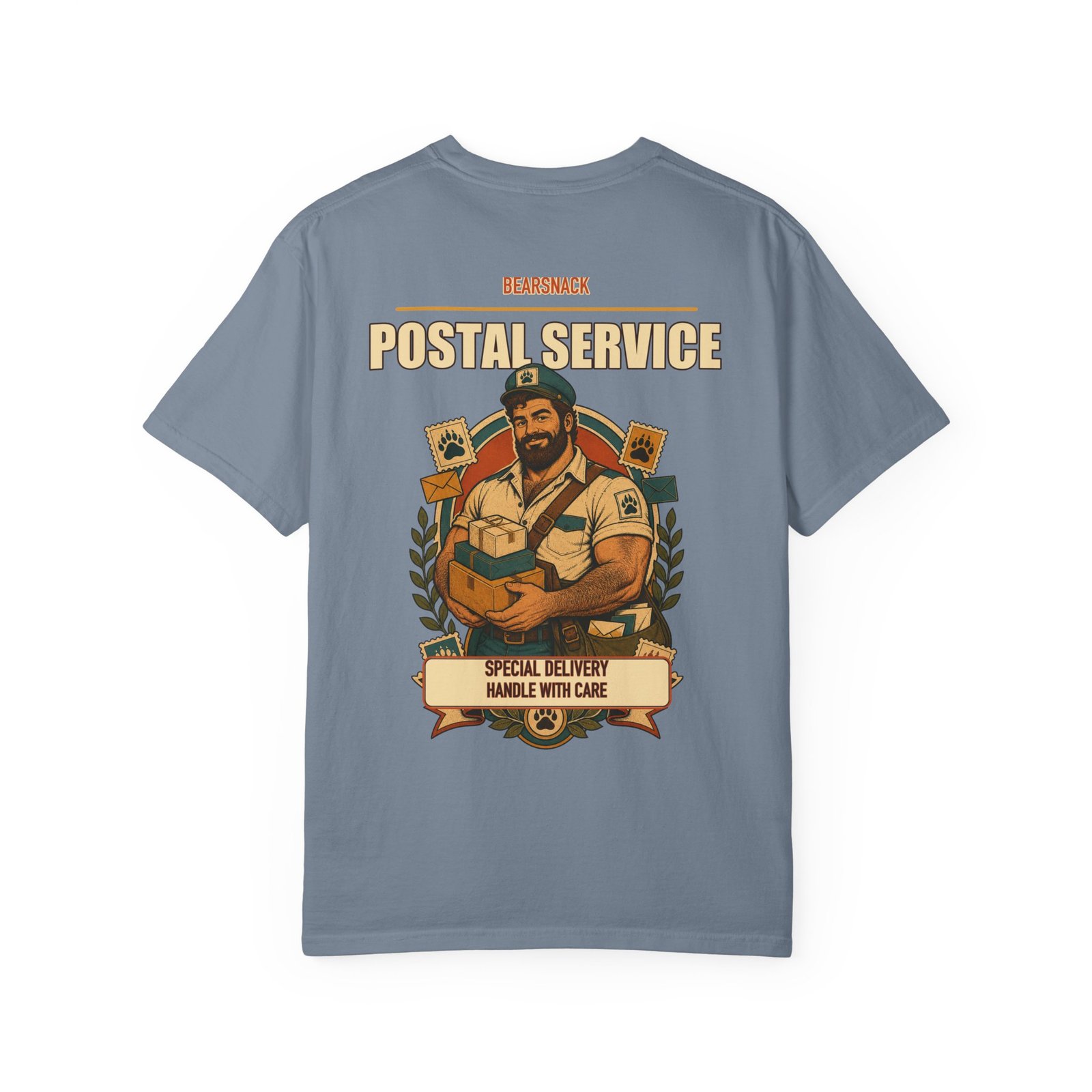 Blue Jean Special Delivery T-shirt, back view with postal bear with parcels and satchel artwork