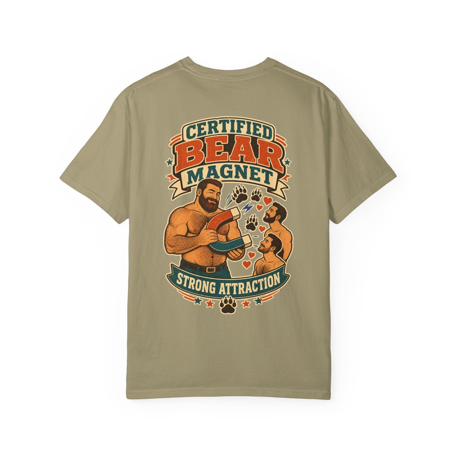 Khaki Certified Bear Magnet T-shirt, front view with Bearsnack Trail Badge