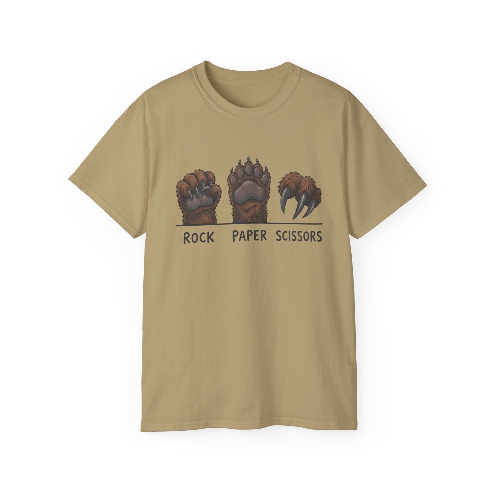 Tan Rock Paper Scissors Bear T-shirt, front view with rock paper scissors bear paw artwork