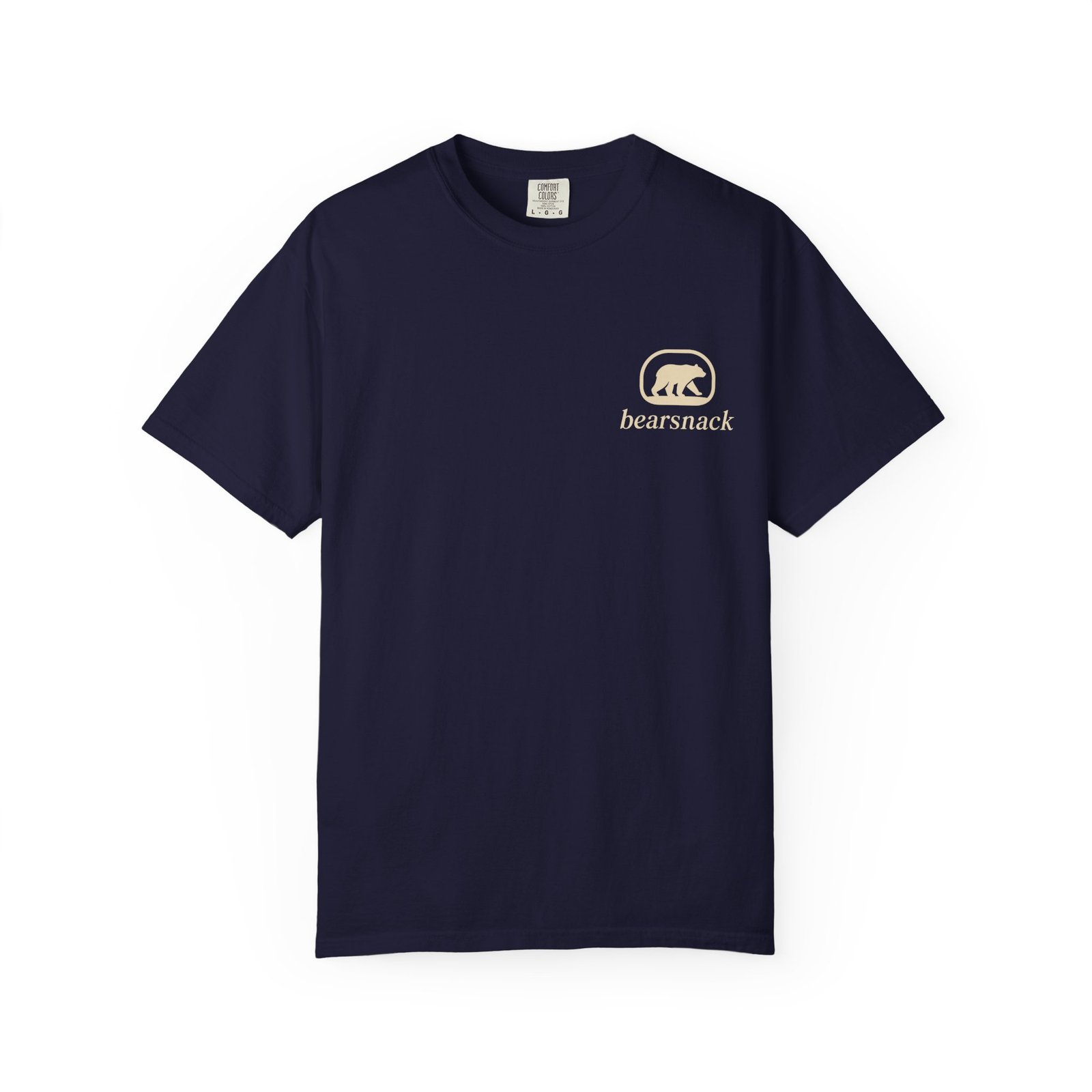 True Navy Special Delivery T-shirt, front view with Bearsnack Trail Badge