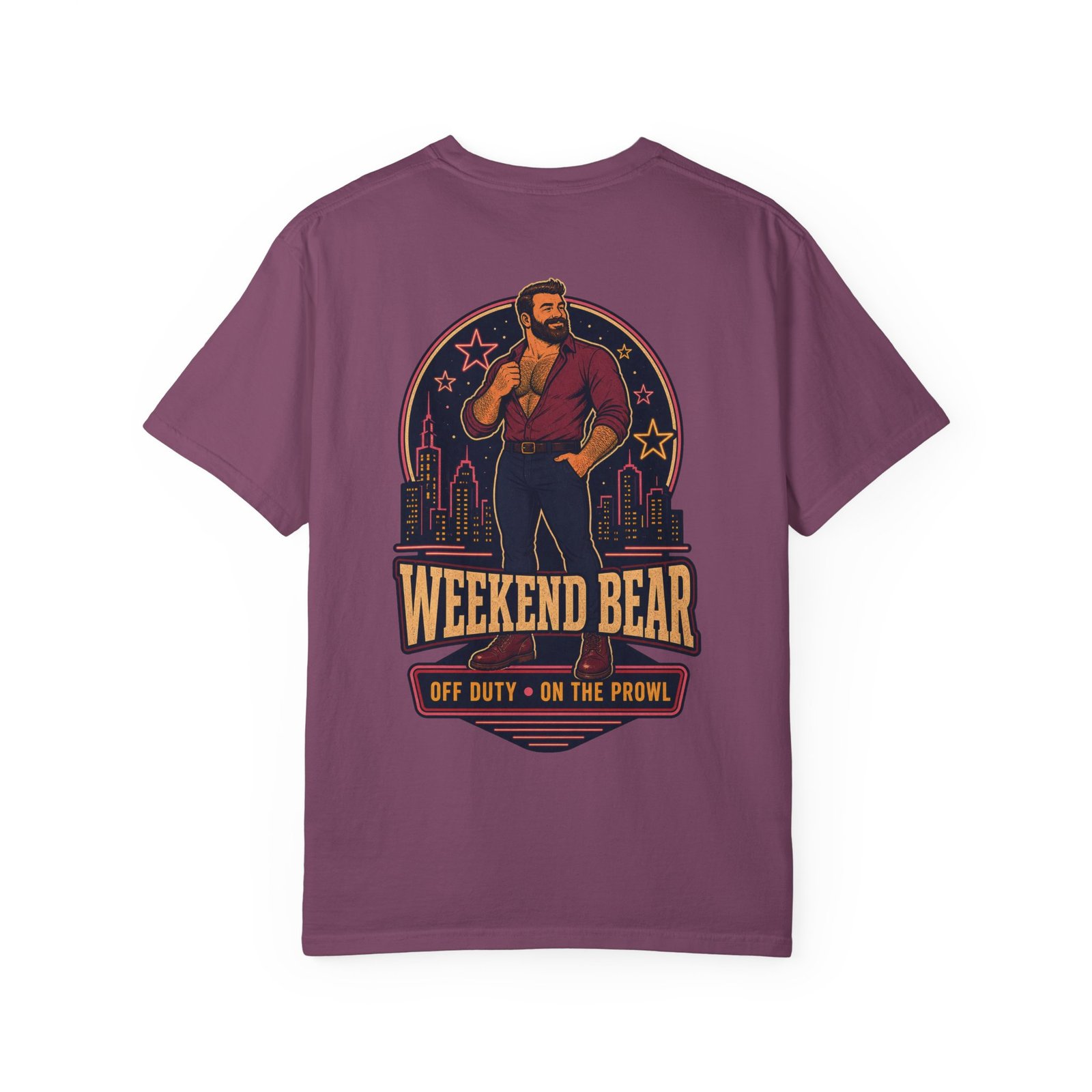 Berry Weekend Bear T-shirt, back view with Weekend Bear nightlife artwork