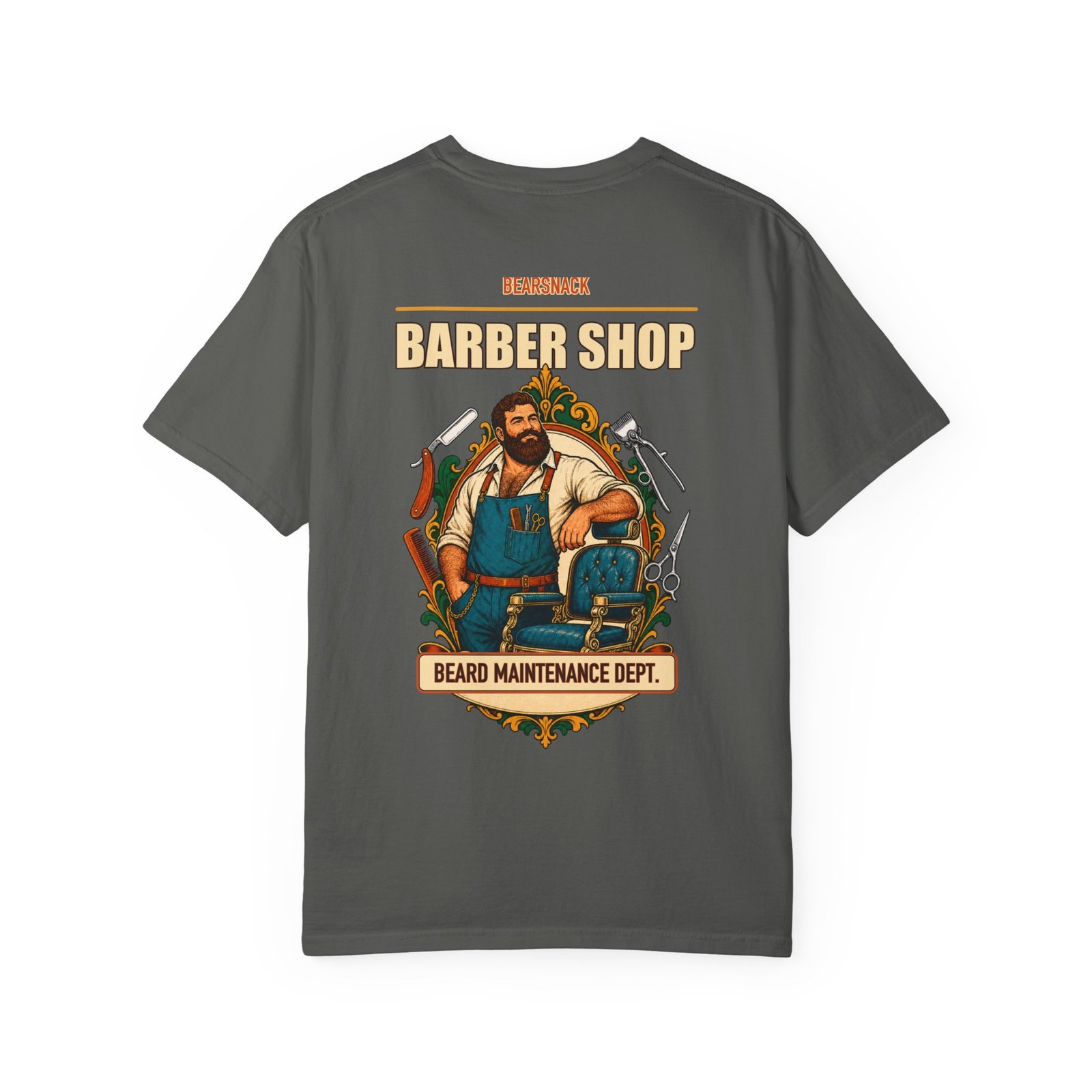 Pepper Beard Maintenance Dept T-shirt, back view with barber bear, chair, clippers, and combs artwork