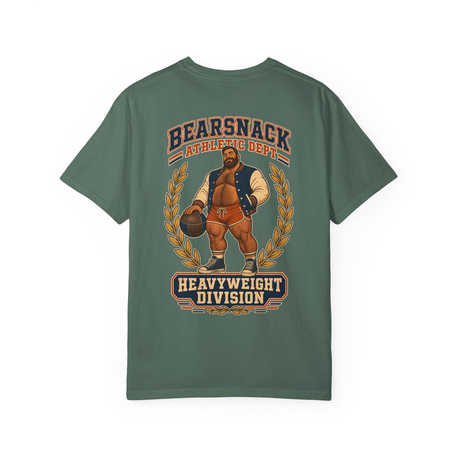 Blue Spruce Bearsnack Athletic Dept T-shirt, back view with heavyweight athletic bear mascot artwork