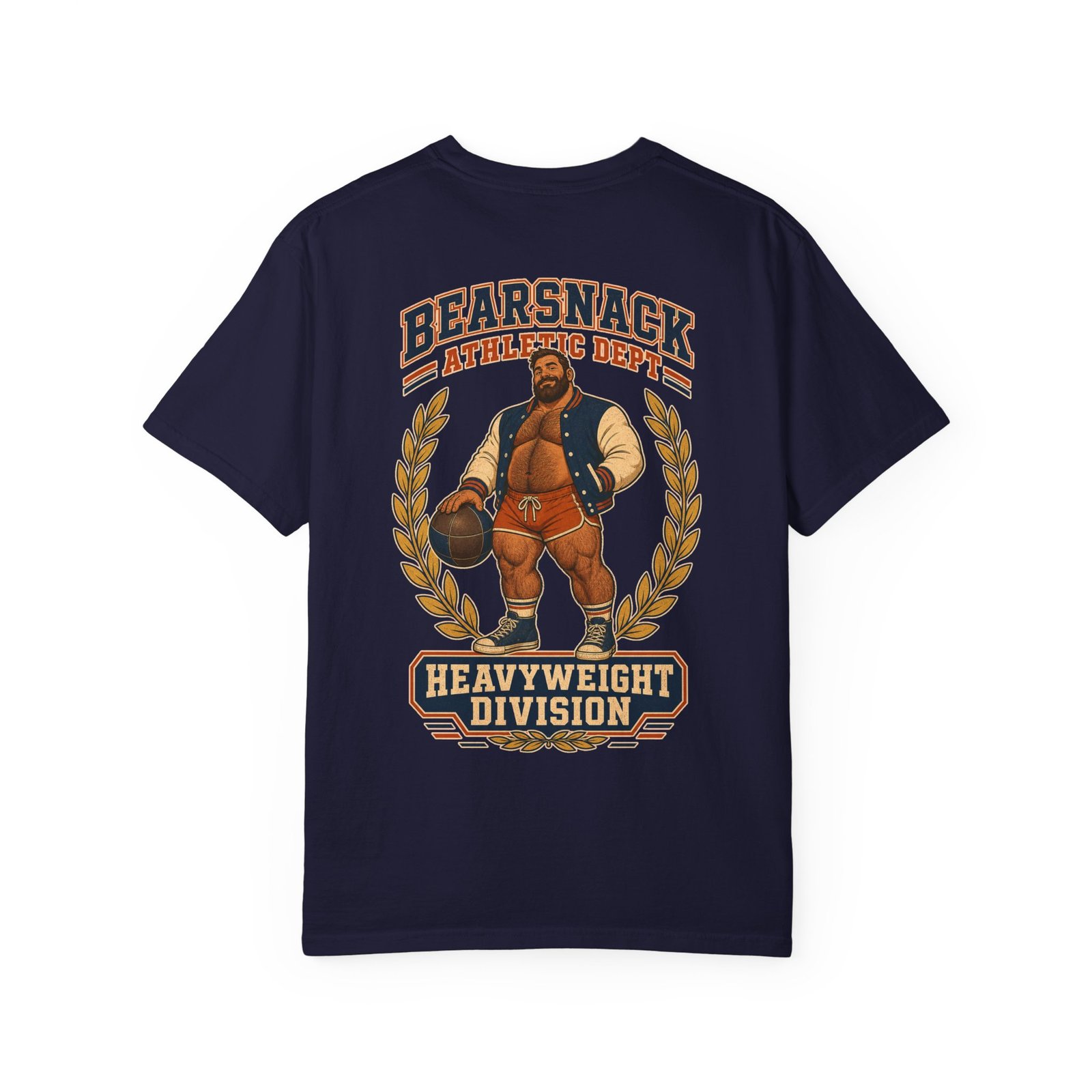True Navy Bearsnack Athletic Dept T-shirt, back view with heavyweight athletic bear mascot artwork