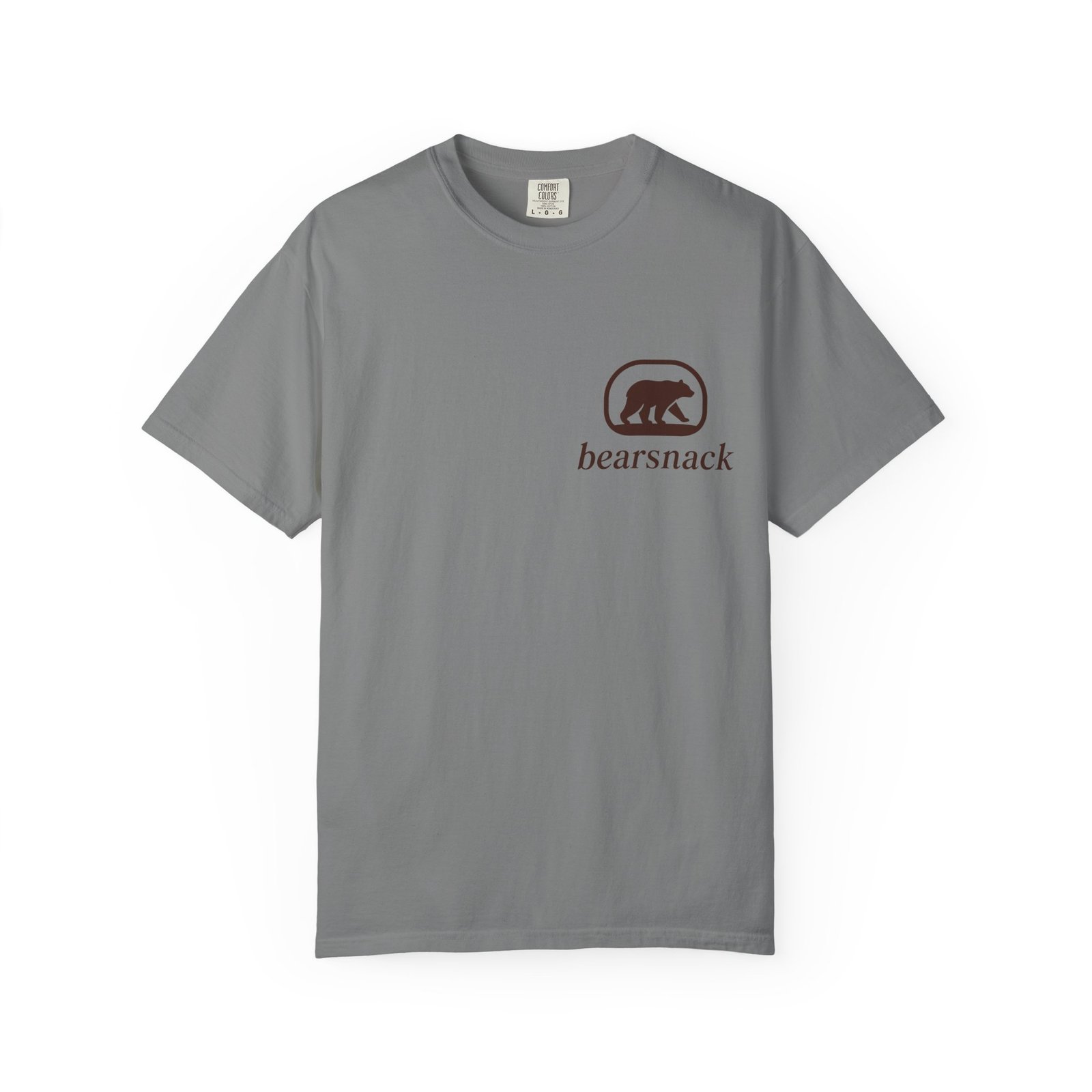 Grey Official Snack Inspector T-shirt, front view with Bearsnack Trail Badge