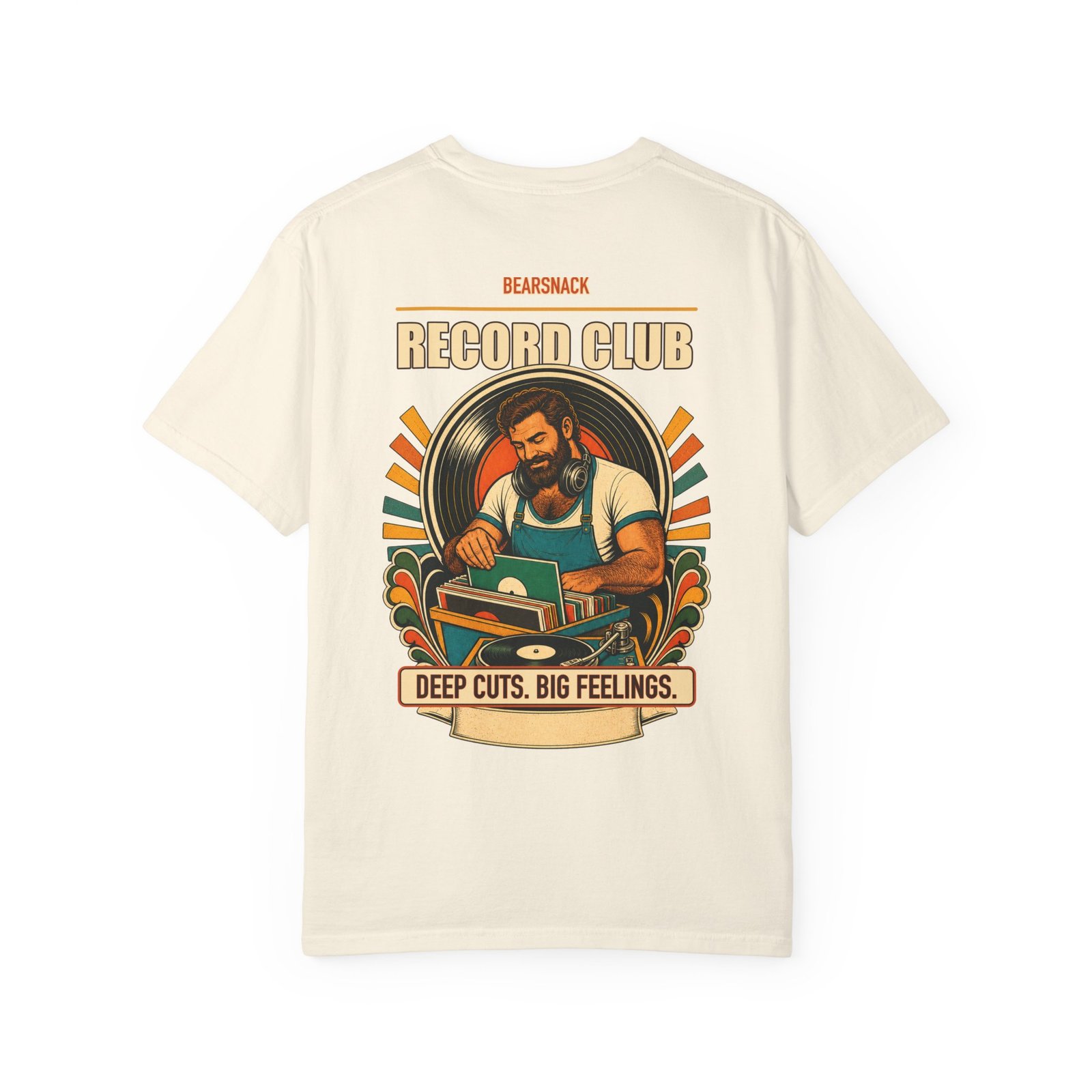 Ivory Deep Cuts Big Feelings T-shirt, back view with record-store bear, turntable, and vinyl artwork