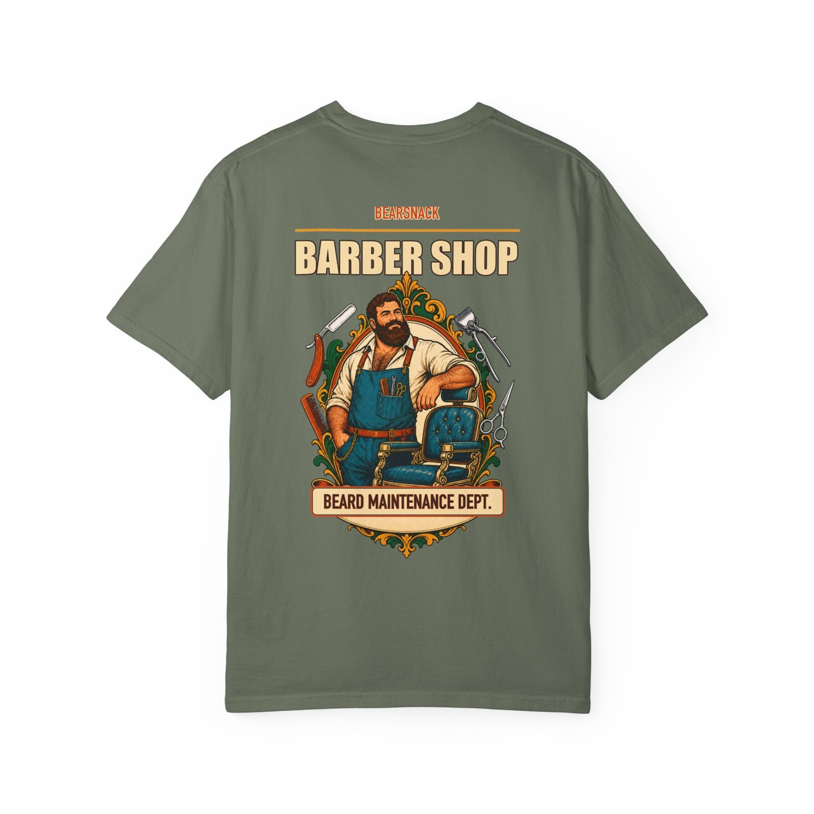Moss Beard Maintenance Dept T-shirt, back view with barber bear, chair, clippers, and combs artwork