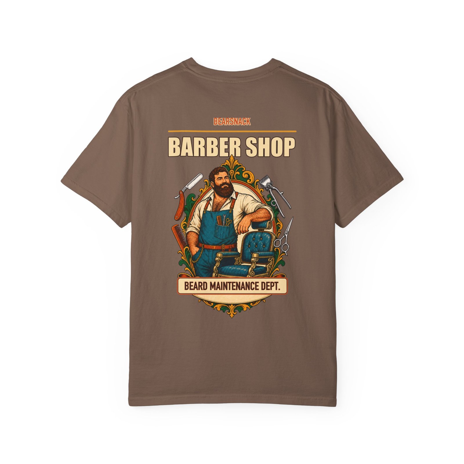 Espresso Beard Maintenance Dept T-shirt, back view with barber bear, chair, clippers, and combs artwork