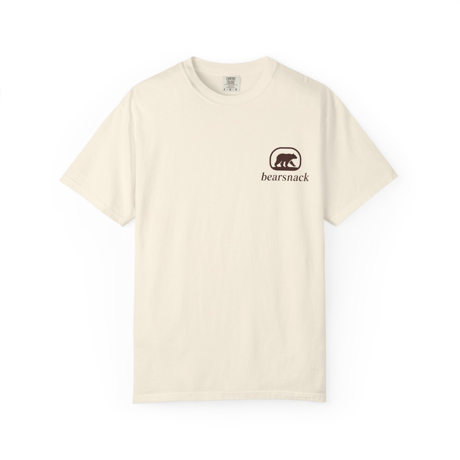 Ivory Special Delivery T-shirt, front view with Bearsnack Trail Badge