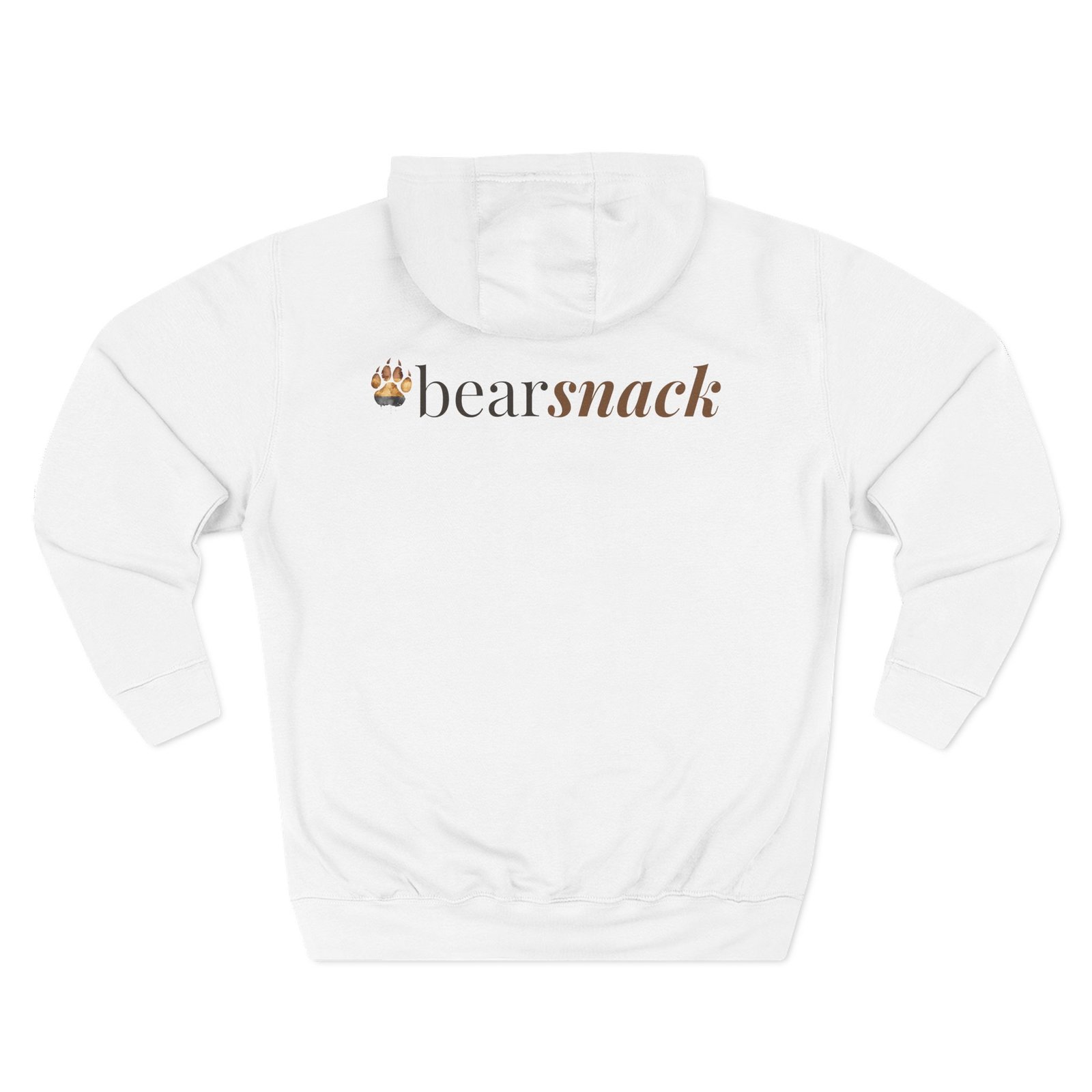 White Watercolor Bear Paw hoodie, back view with Bearsnack upper-back wordmark