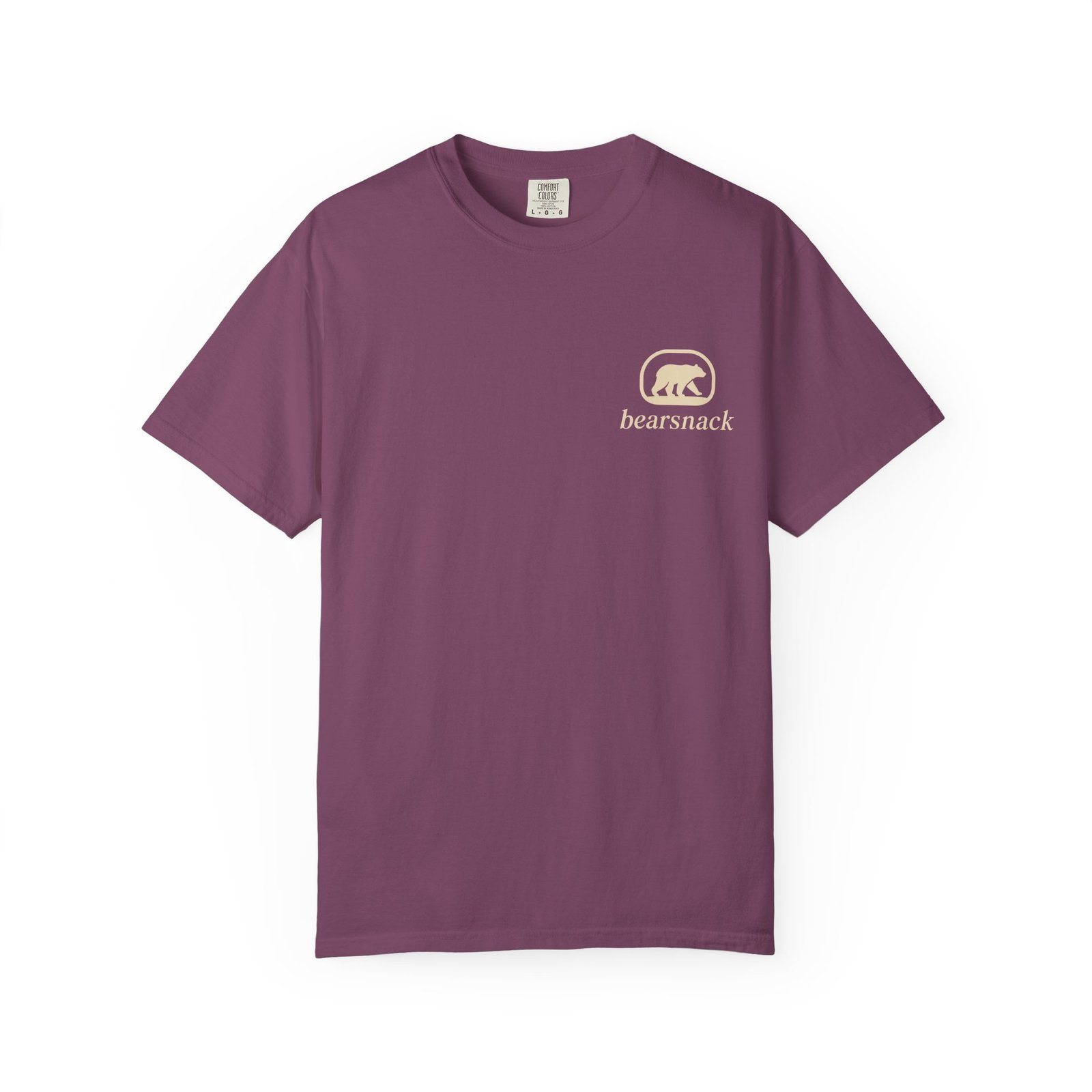 Berry Deep Cuts Big Feelings T-shirt, front view with Bearsnack Trail Badge