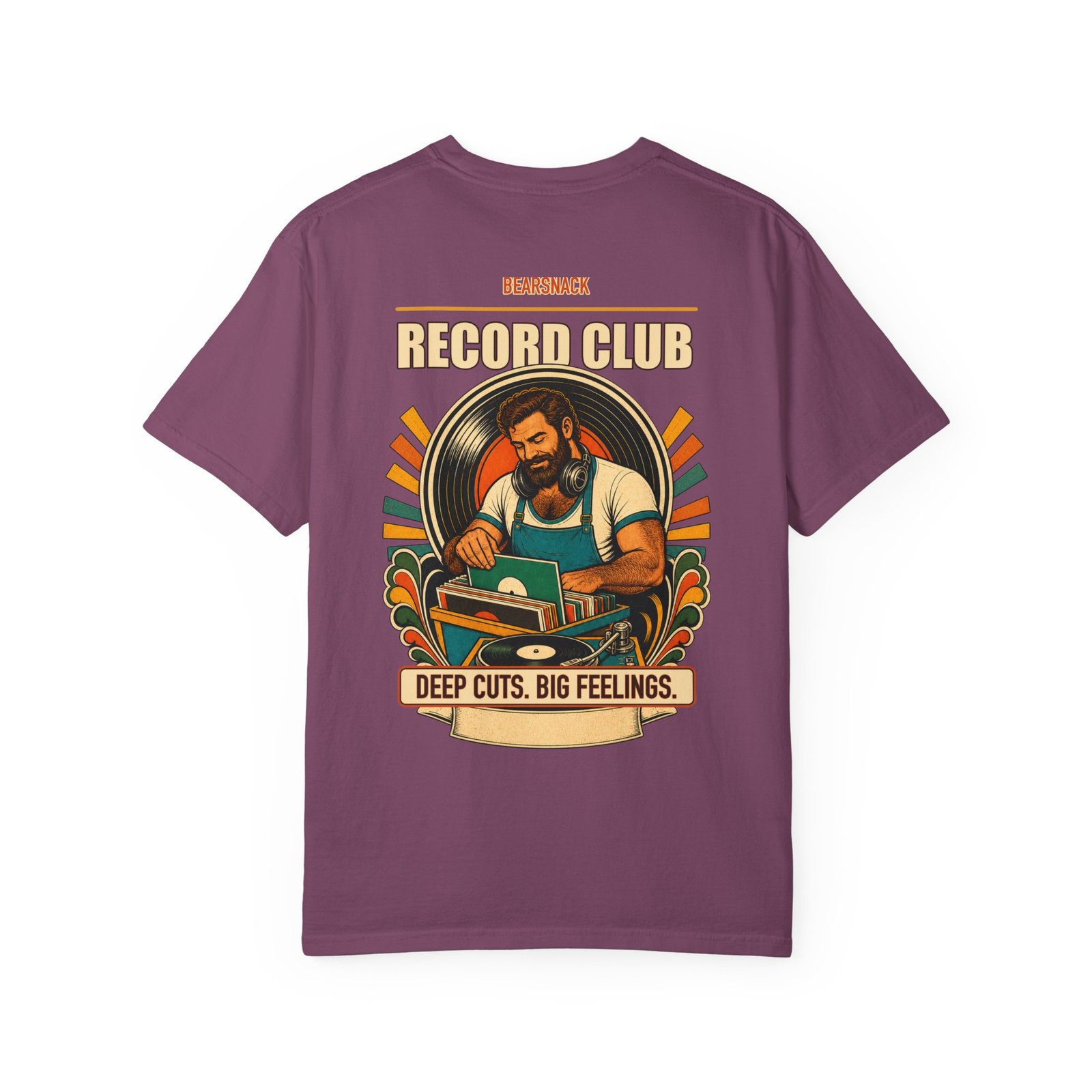 Berry Deep Cuts Big Feelings T-shirt, back view with record-store bear, turntable, and vinyl artwork