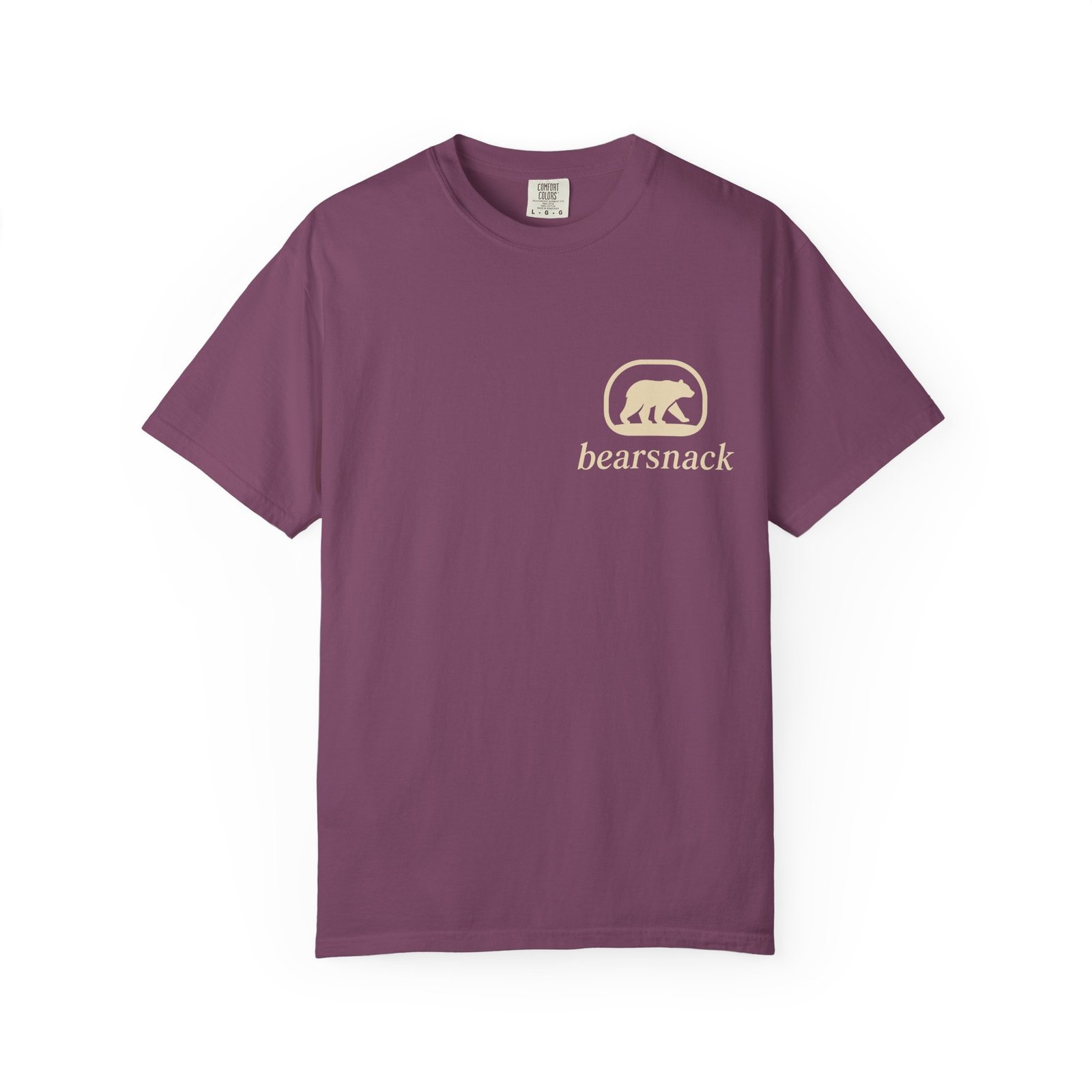 Berry Weekend Bear T-shirt, front view with Bearsnack Trail Badge