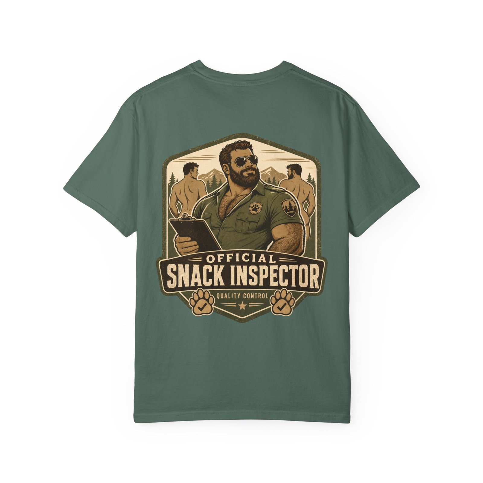 Blue Spruce Official Snack Inspector T-shirt, back view with bear ranger Snack Inspector artwork