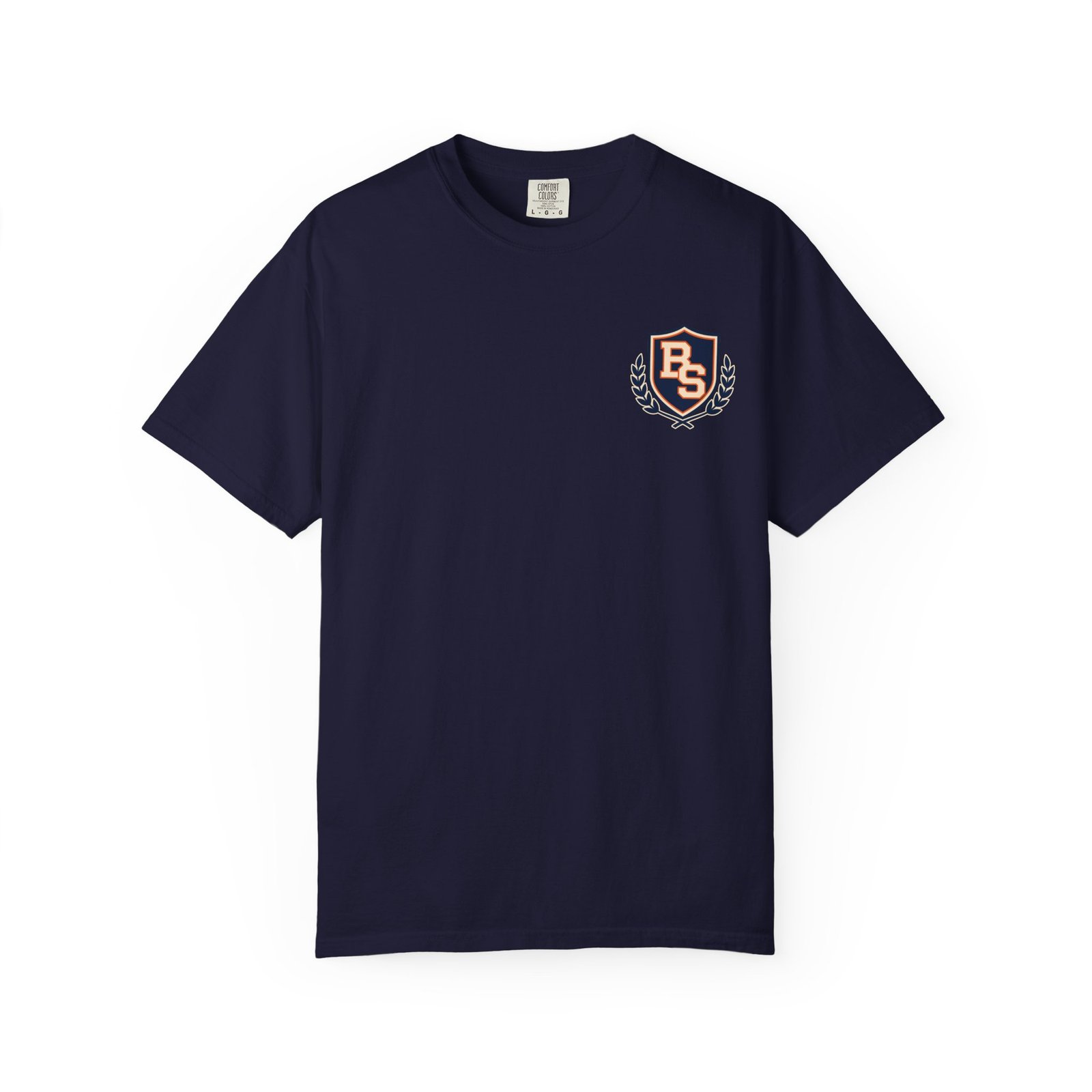 True Navy Bearsnack Athletic Dept T-shirt, front view with Bearsnack Trail Badge