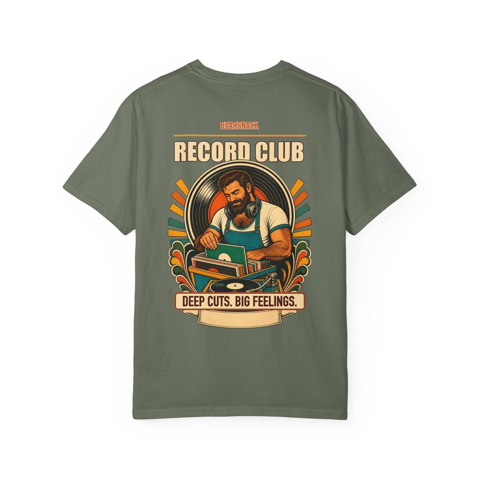Moss Deep Cuts Big Feelings T-shirt, back view with record-store bear, turntable, and vinyl artwork