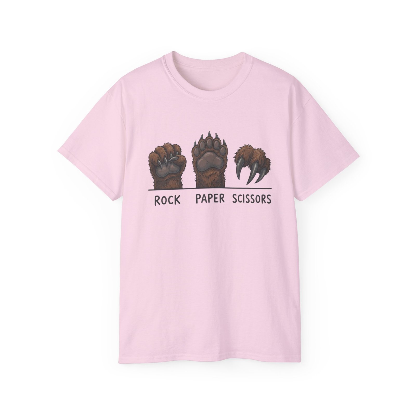 Light Pink Rock Paper Scissors Bear T-shirt, front view with rock paper scissors bear paw artwork