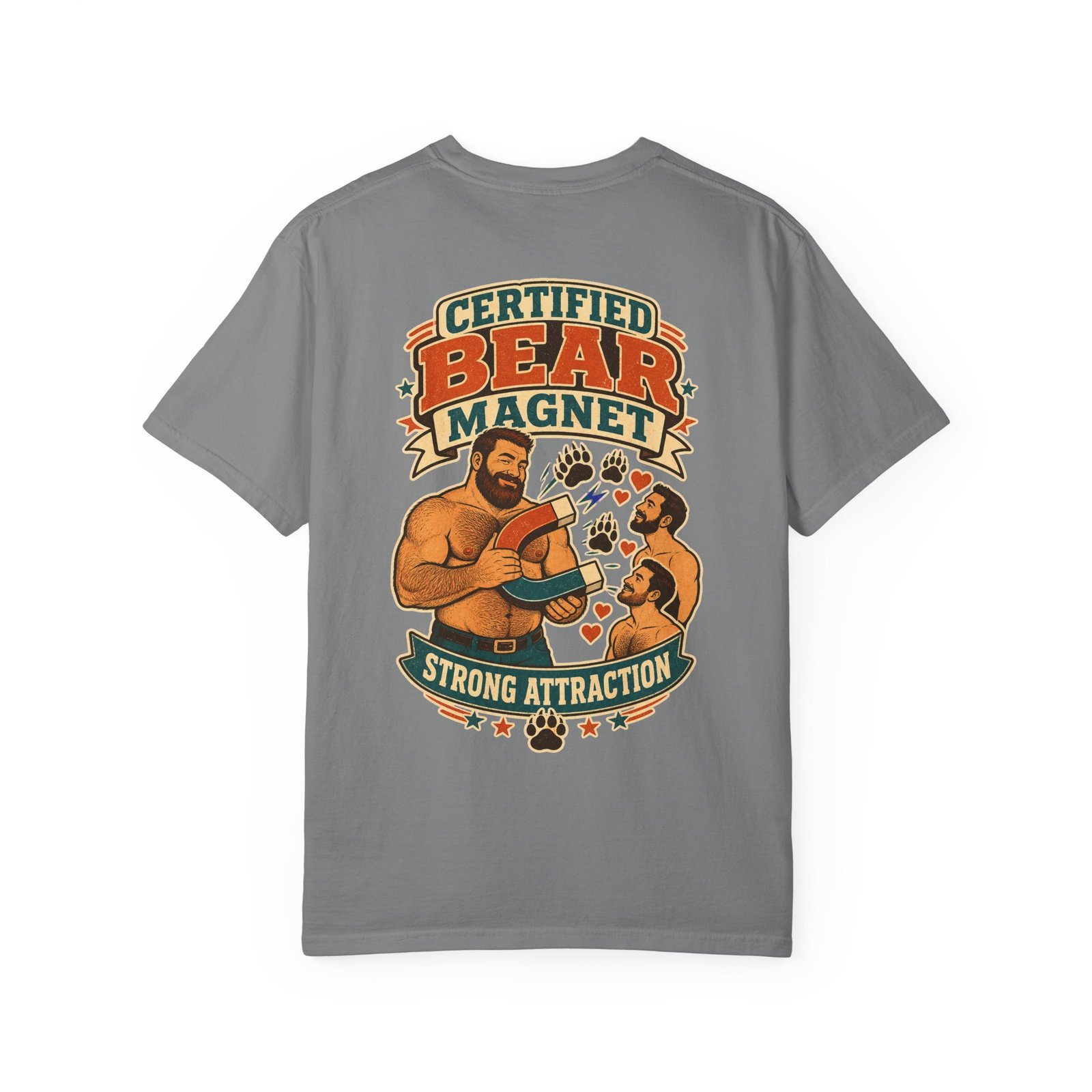 Grey Certified Bear Magnet T-shirt, back view with three Certified Bear Magnet bears artwork