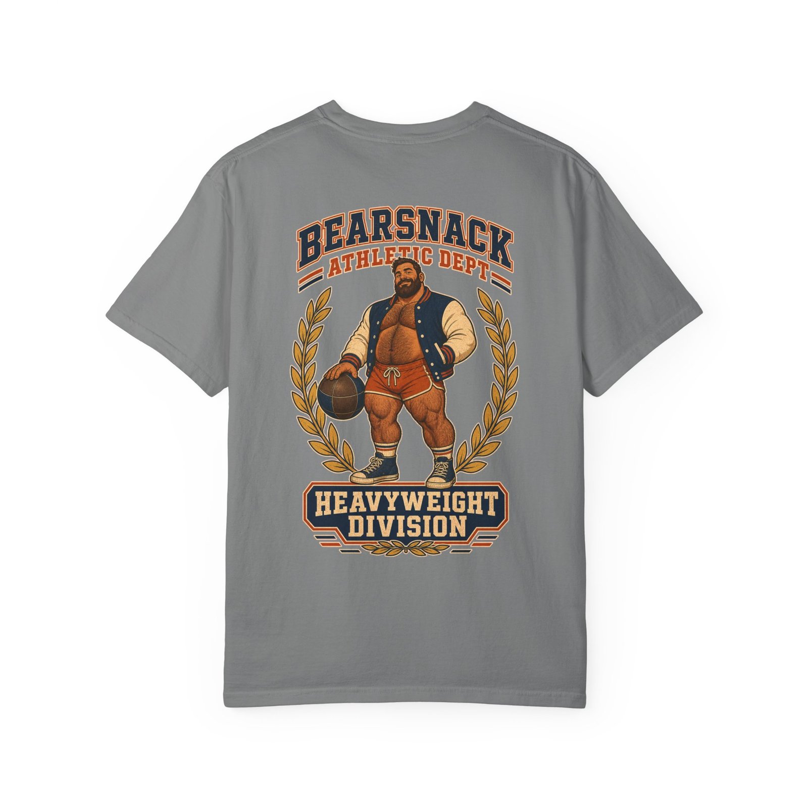 Grey Bearsnack Athletic Dept T-shirt, back view with heavyweight athletic bear mascot artwork