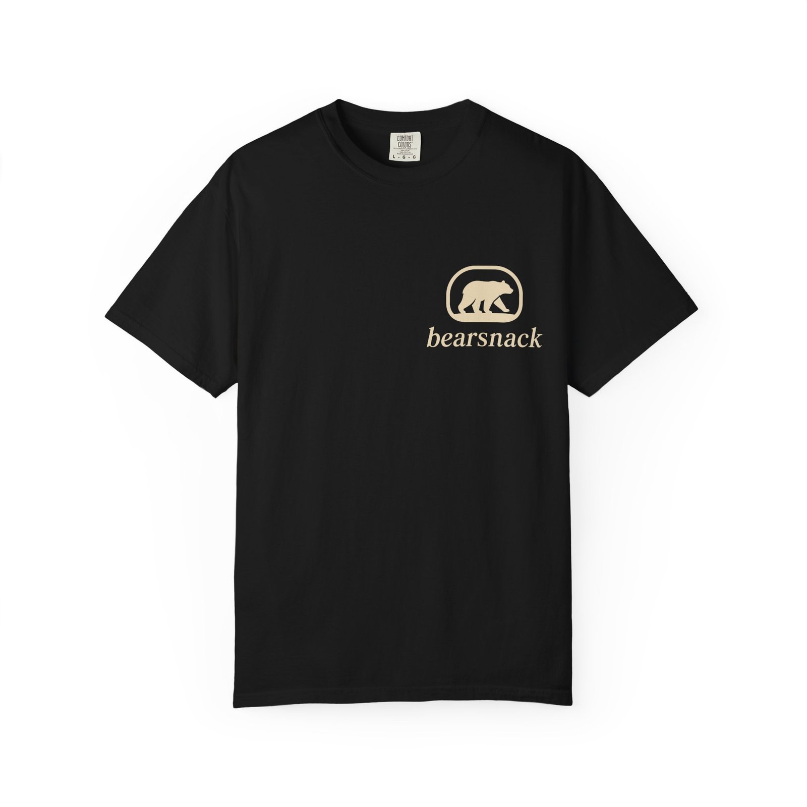 Black Official Snack Inspector T-shirt, front view with Bearsnack Trail Badge