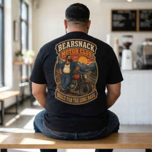 Bearsnack Motor Club T-shirt lifestyle back view with bearded biker and motorcycle artwork
