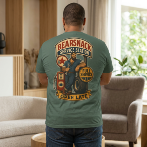 Bearsnack Service Station T-shirt lifestyle back view with mechanic bear and vintage service station artwork