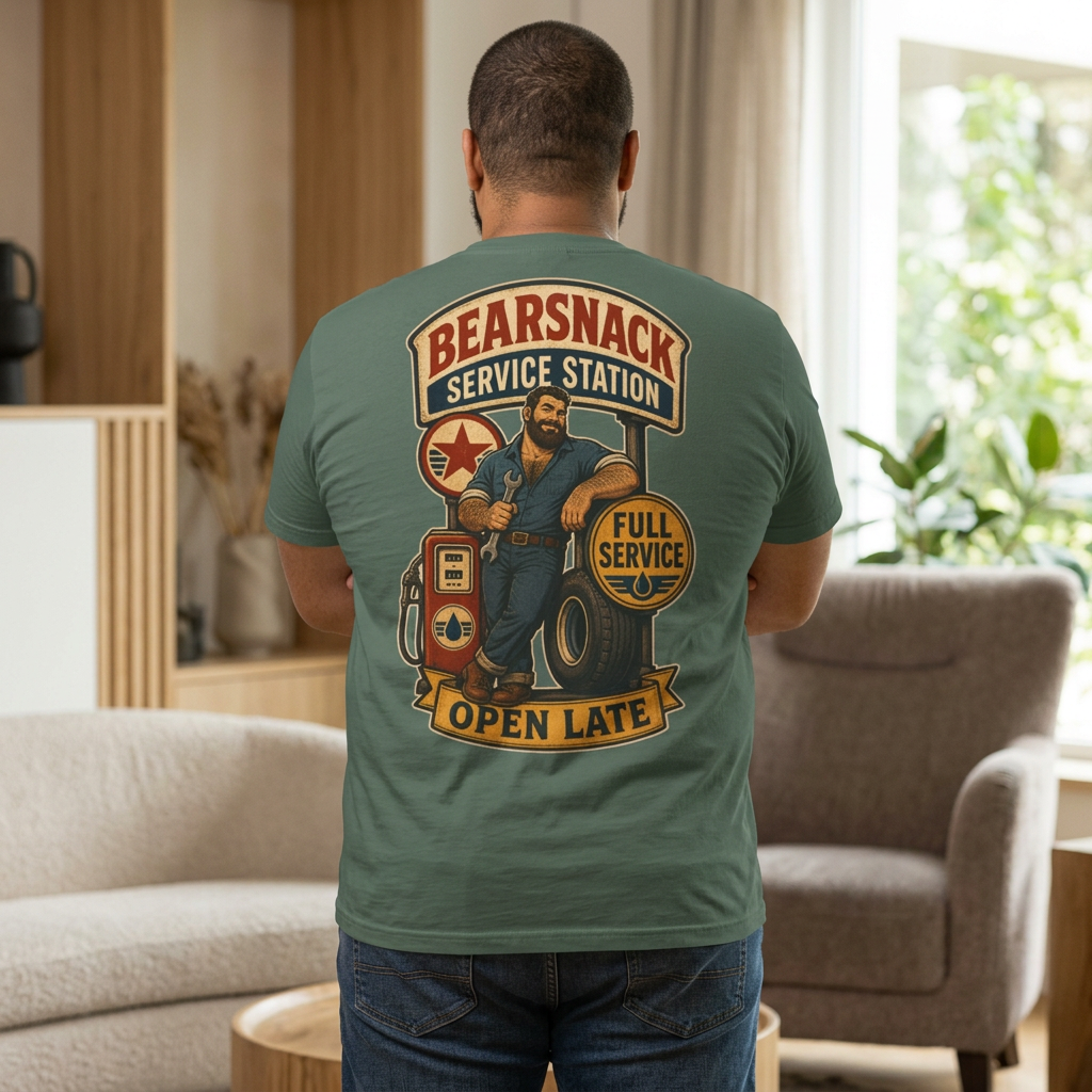 Bearsnack Service Station T-Shirt, Gay Mechanic Back Print, Comfort Colors 1717