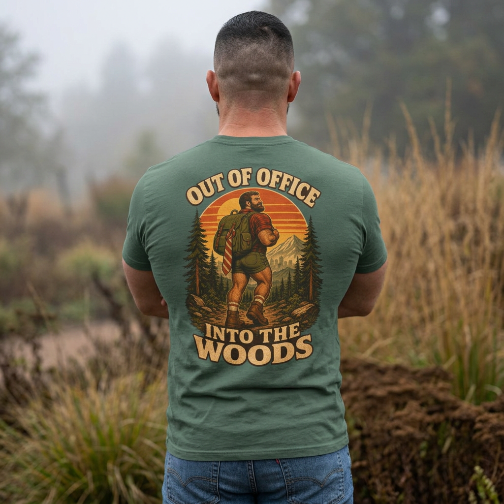 Out of Office Bear T-Shirt, Hiking Back Print, Comfort Colors 1717