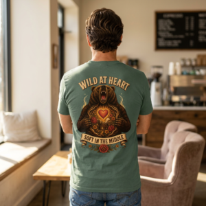 Soft Center Wild Heart T-shirt lifestyle back view with roaring bear, heart, and floral artwork