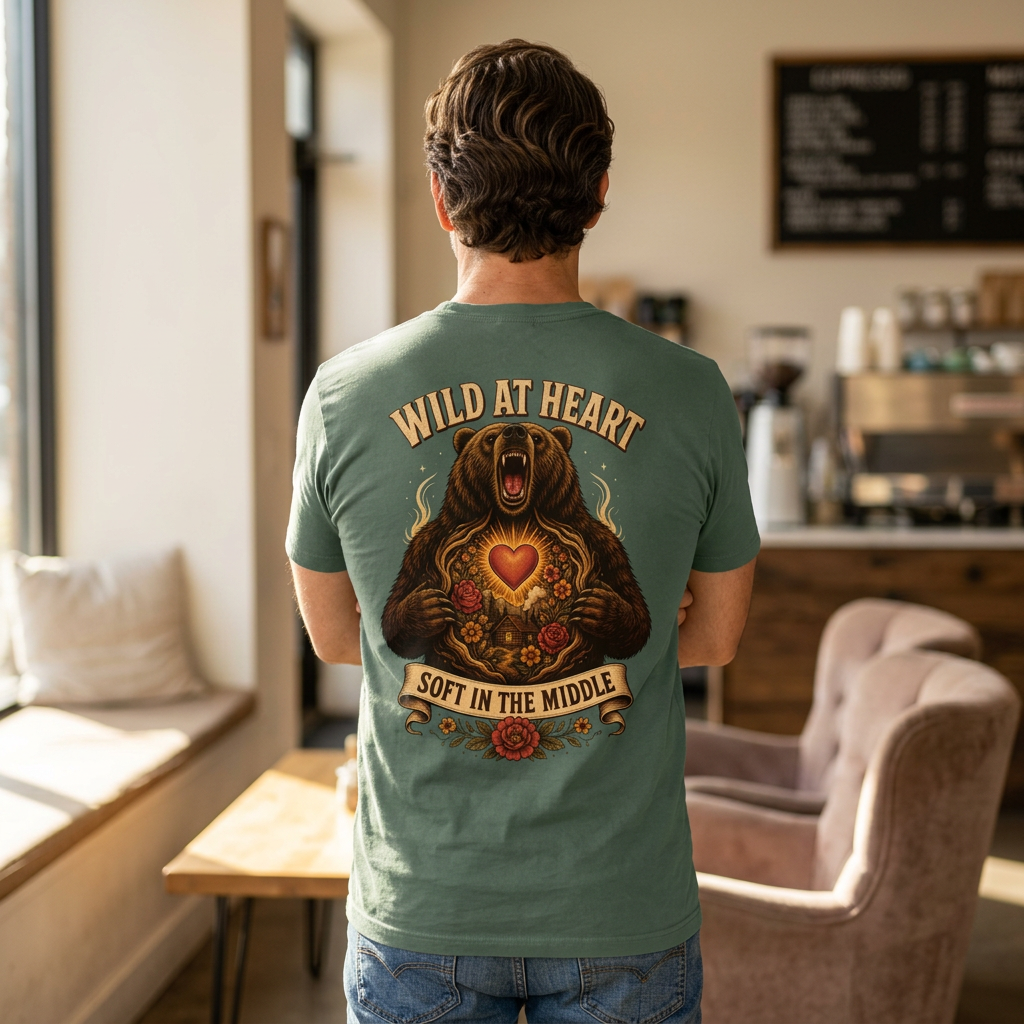 Soft Center Wild Heart T-Shirt, Floral Bear Back Print, Comfort Colors 1717