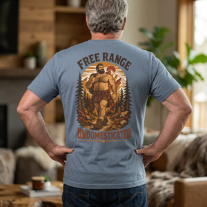 Free Range Bear T-shirt lifestyle back view with Free Range Bear mountain hiker artwork