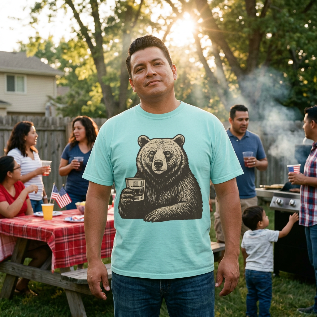 Whiskey Bear T-Shirt, Grizzly Nightcap Front Print, Comfort Colors 1717